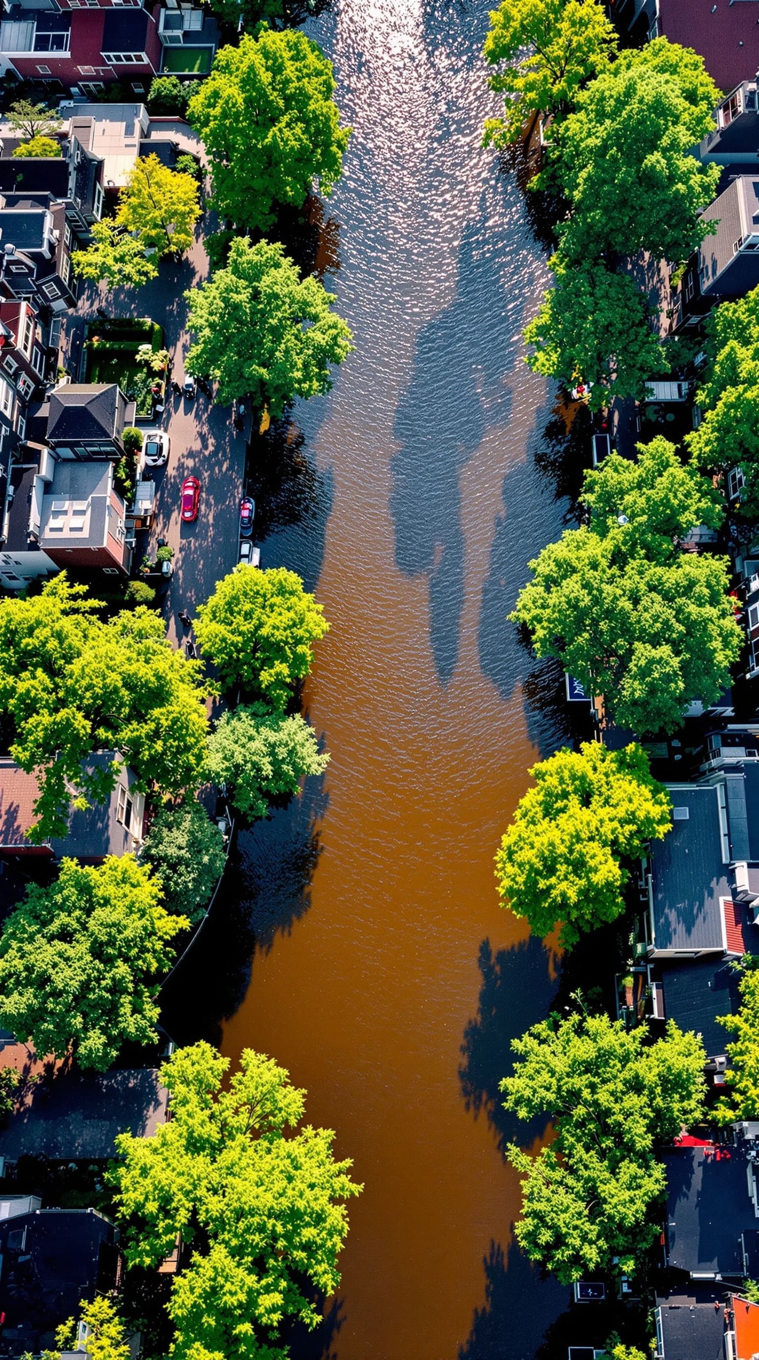 Aerial view of Amsterdam canal with trees and traditional architecture